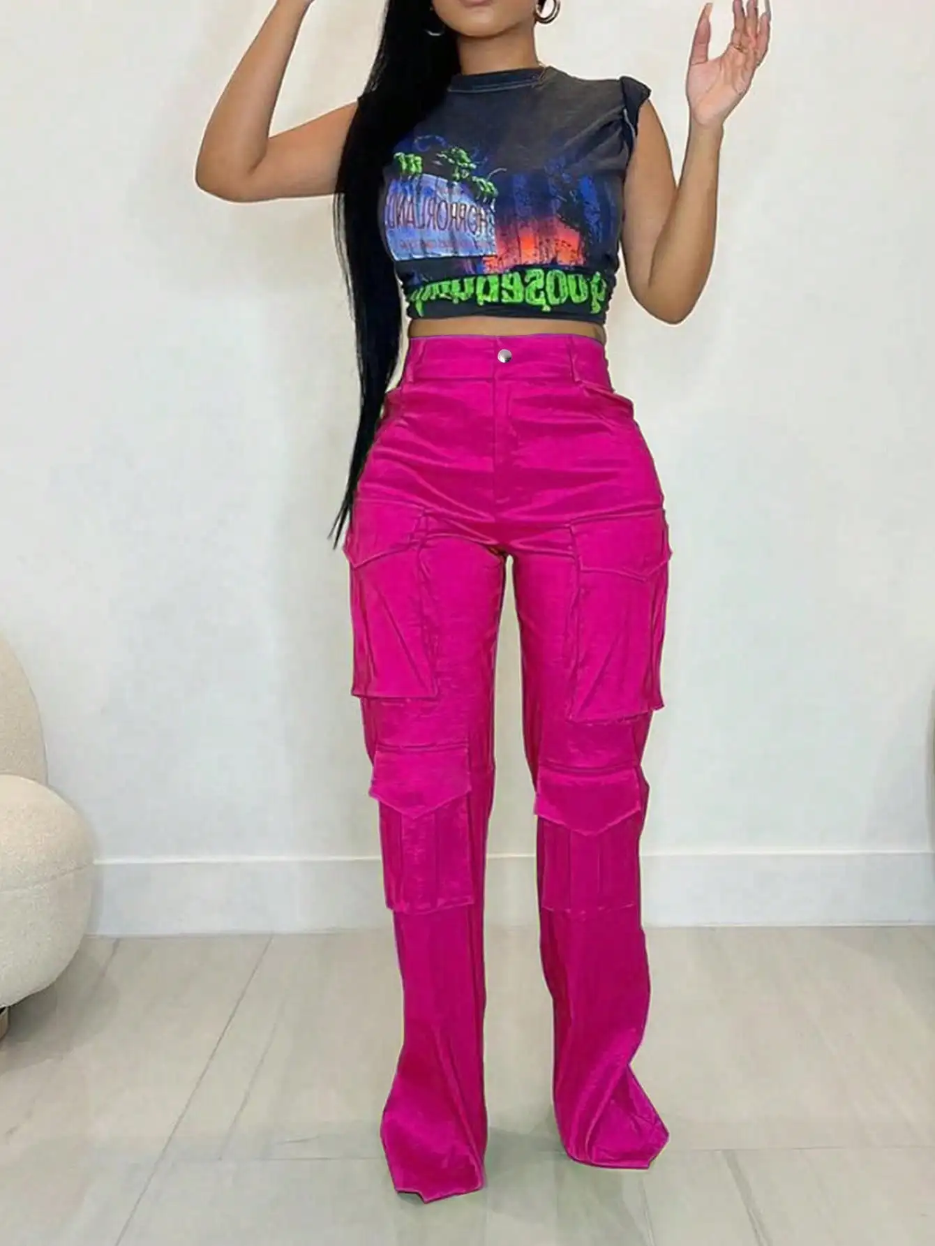 2025 New Women's Pink High-waisted Work Pants, Straight-leg Wide-leg Pants Y2K Streetwear Sportswear Long Pants