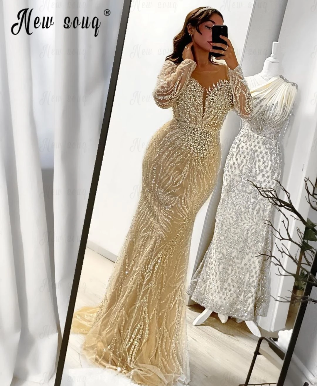 Graziosi abiti da ballo a sirena Beige Dubai Women 2024 Nude Wedding Party Dress perline a maniche lunghe abito per occasioni formali Plus Size