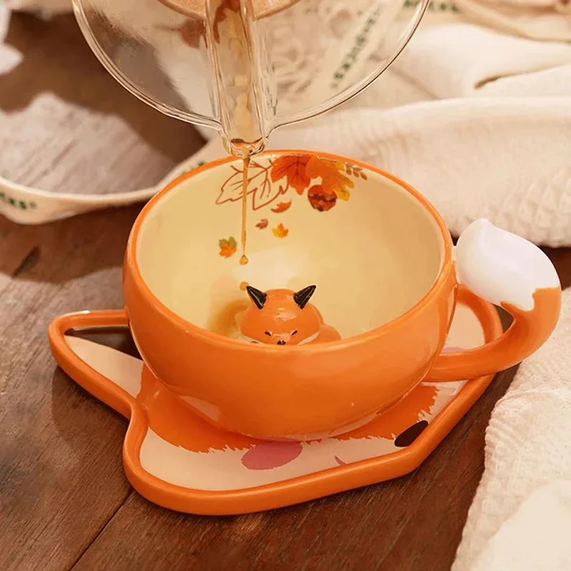 Cute Fox Cup and Plate Set Simplicity Household Creative Espresso Mug Breakfast Dessert Coffee Mug Bone China Cup and Saucer Set