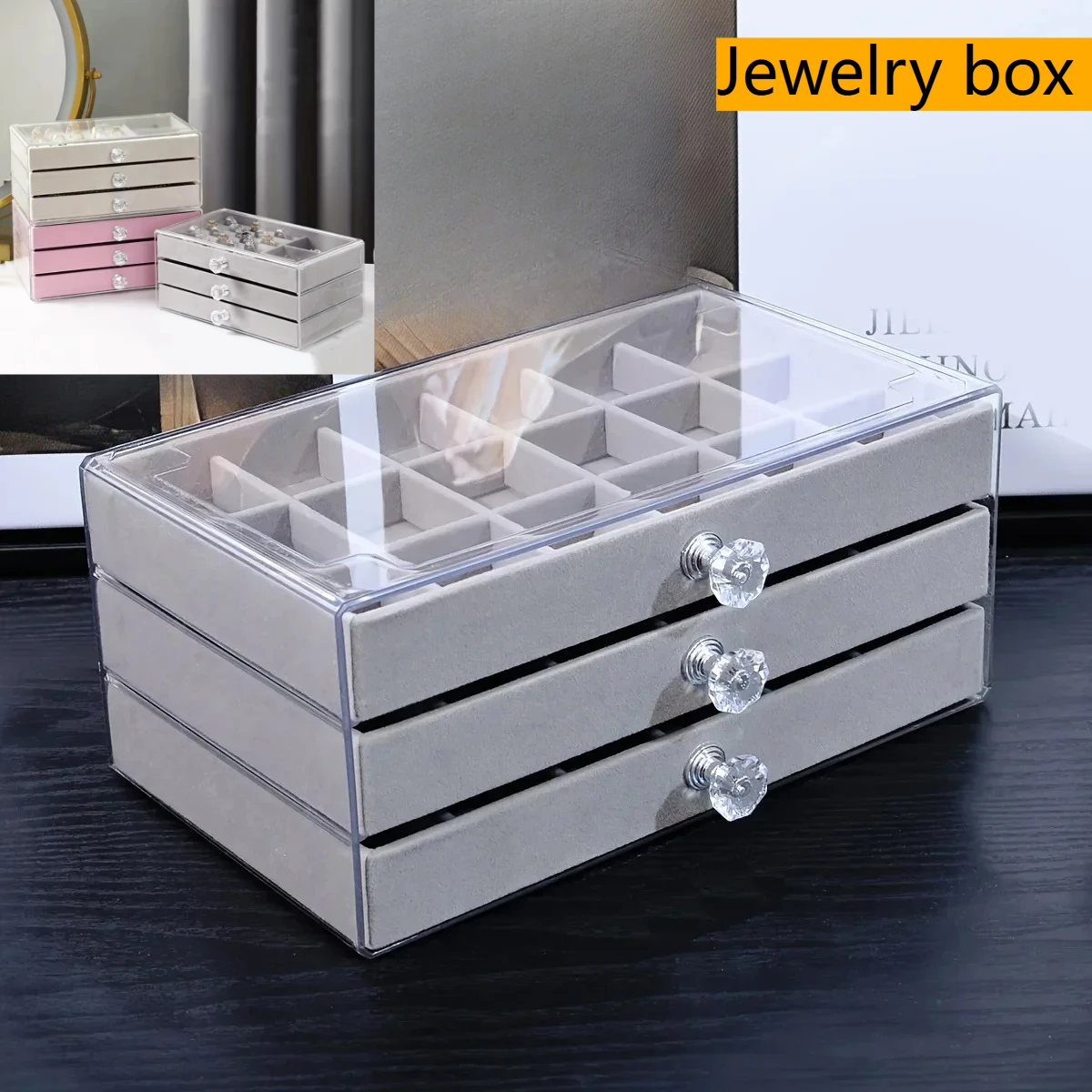 

Home Desktop Storage Box Jewelry Organizer Dust Proof Home Desktop 3-Tier Countertop Drawer Jewelry Box Earring Storage Box