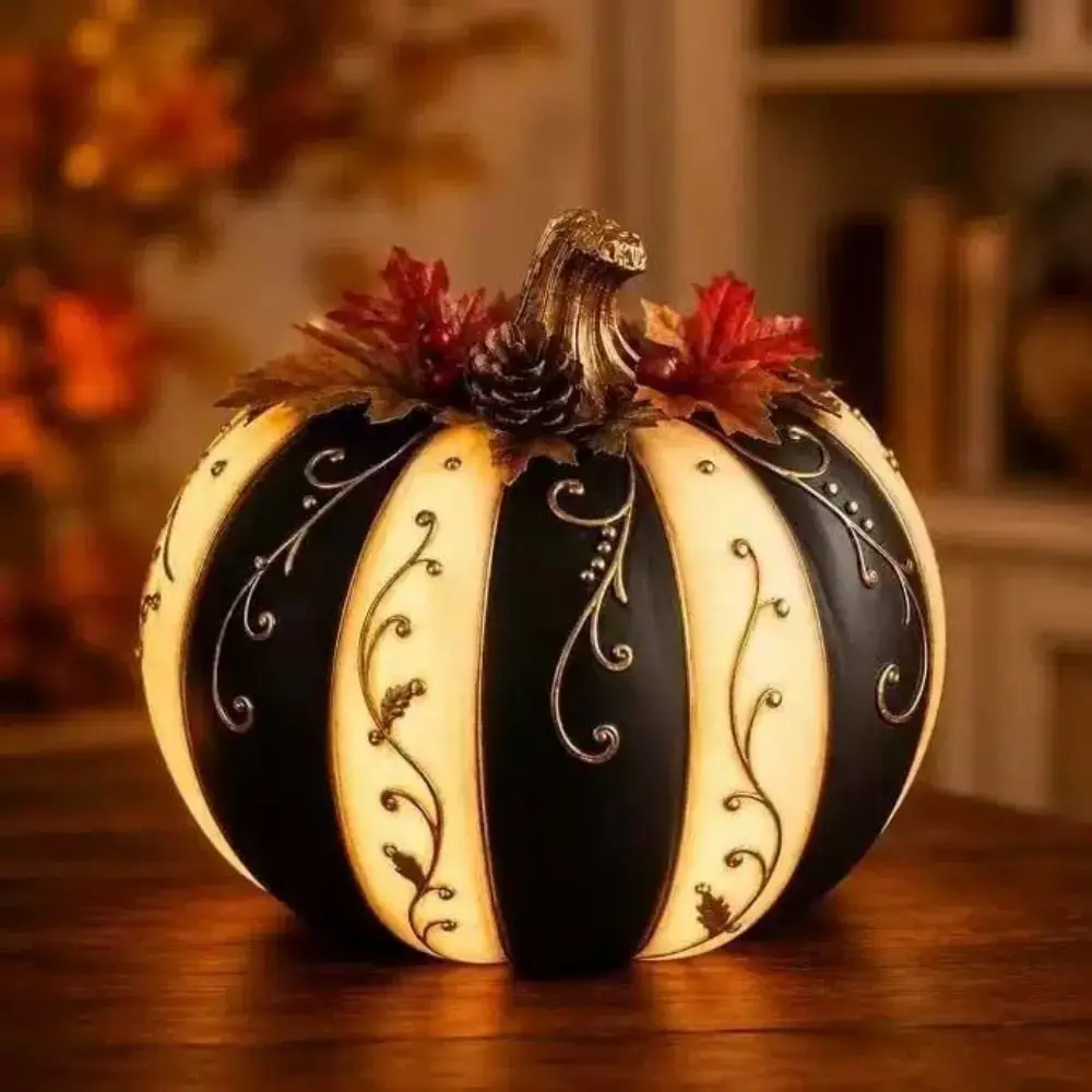 Black White Stripe Pumpkin Decoration Golden Pattern Black White Striped Design Light Up Pumpkin Golden Floral Pattern