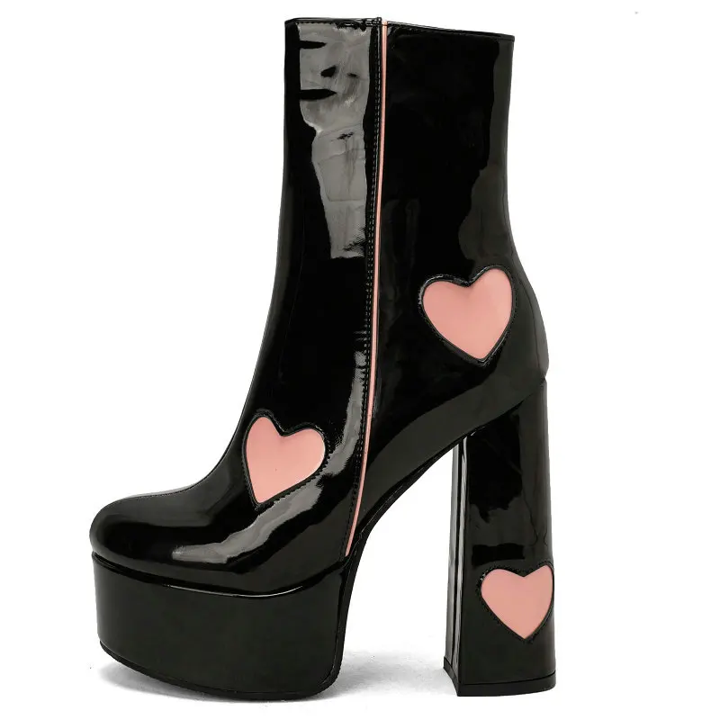Sexy Patent Leather Heart Shaped Patchwork Round Toe Platform Booties Block High Heels Blue Pink Womens Ankle Boots Winter Shoes