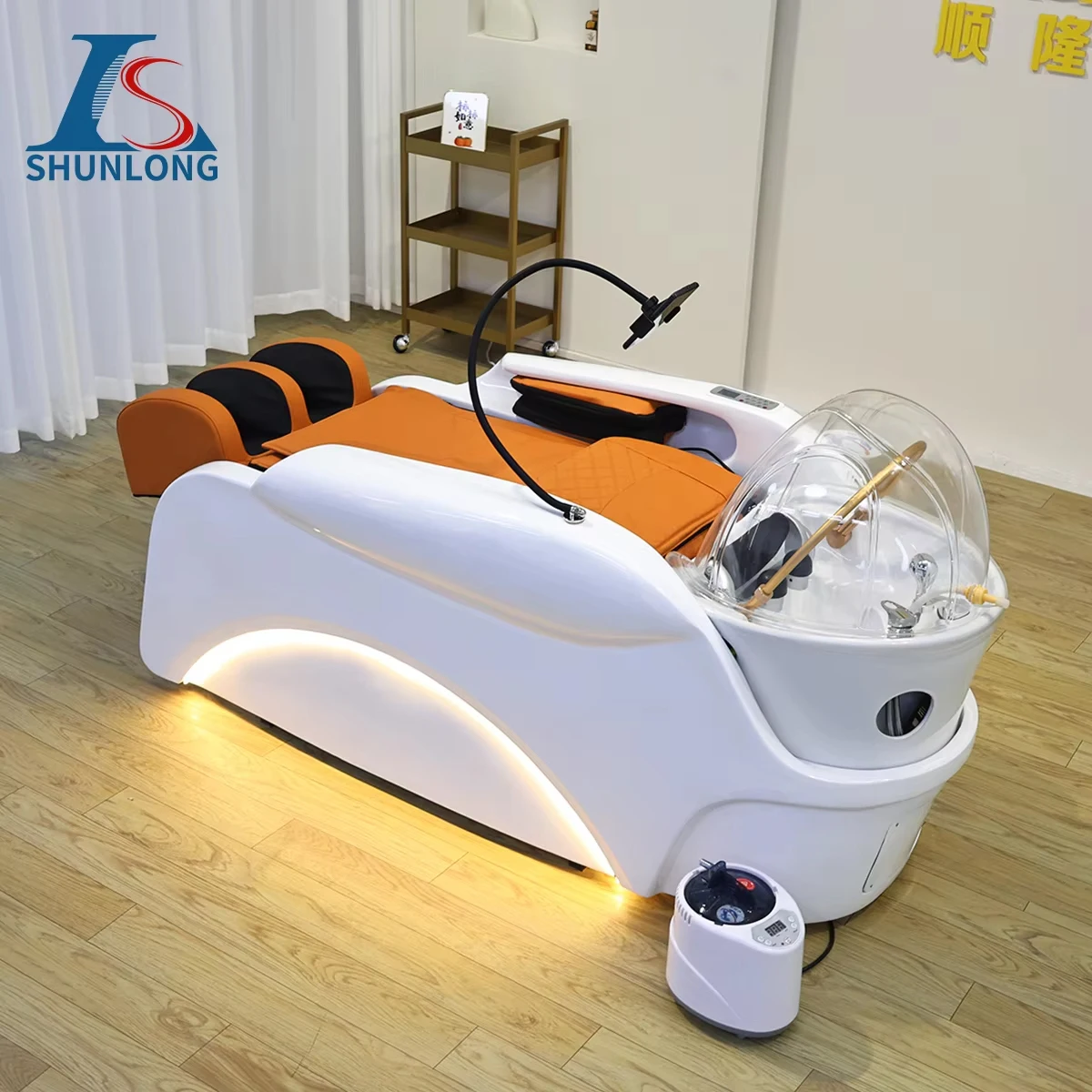 White & Orange Thai Shampoo Bed with Steamer & LED Ambient Light, Reclining Head Spa Hair Washing Chair for Beauty Salon Barber