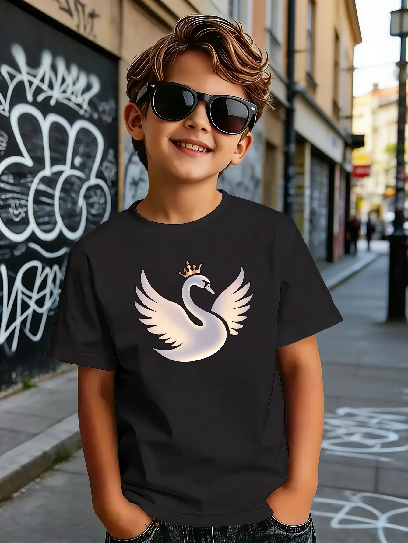 White Swan With Golden Crown Print Kids T Shirt Boys Girls Short Sleeve Crew Neck Cotton Fairy Parent Child Matching Tees
