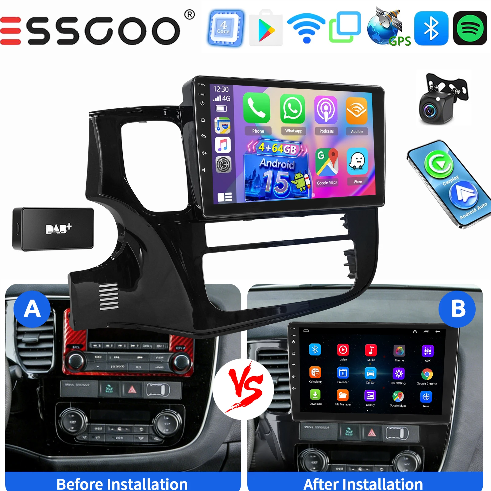 ESSGOO Draadloze Carplay Android auto 10 Inch IPS Aanraakscherm Voor Mitsubishi Outlander 2012-2018 Autoradio Android 15 GPS-navigatie WIFI Stuurwielbediening RDS Bluetooth FM Spiegellink ASP-geluid