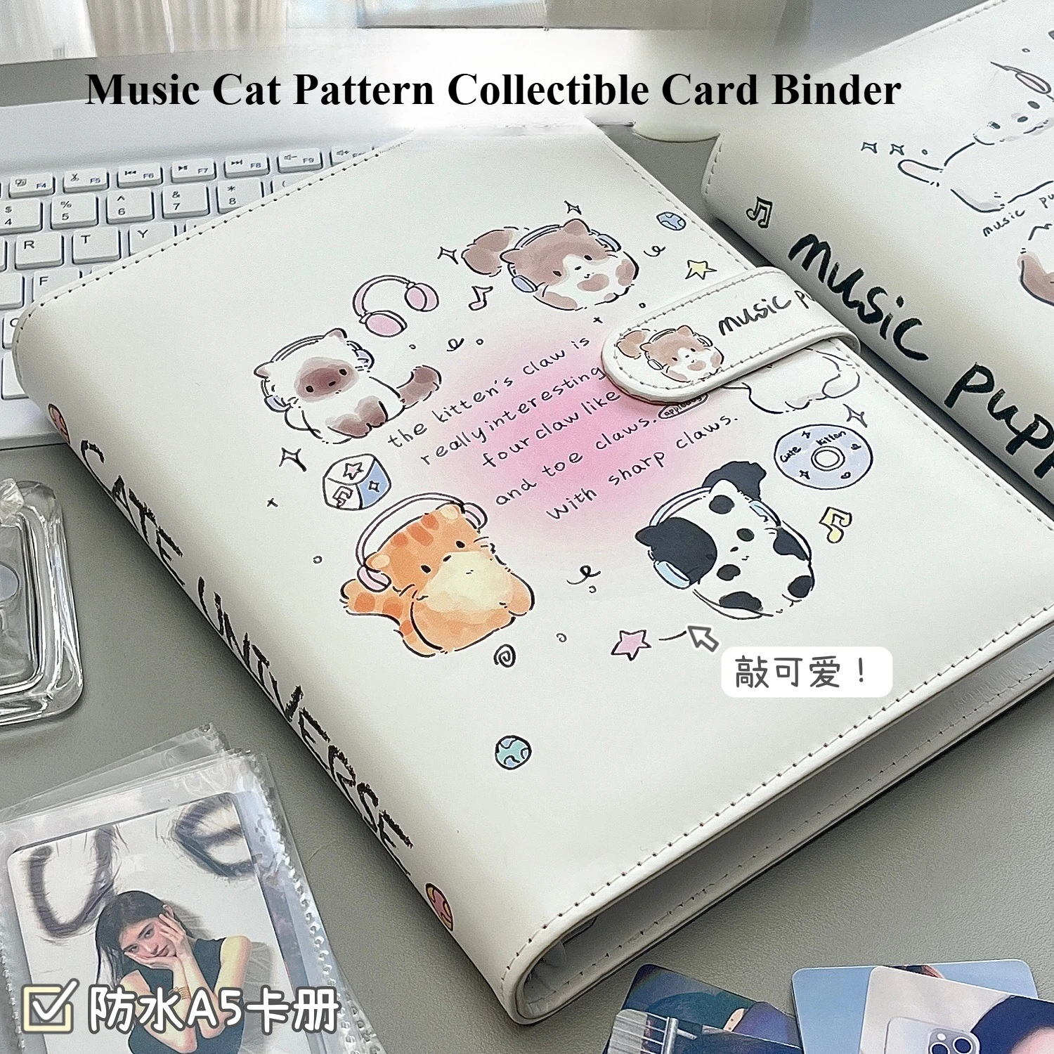 Cute Music Cat A5 Photo Album, 4-Pocket PU Leather Binder for Polaroid & 3