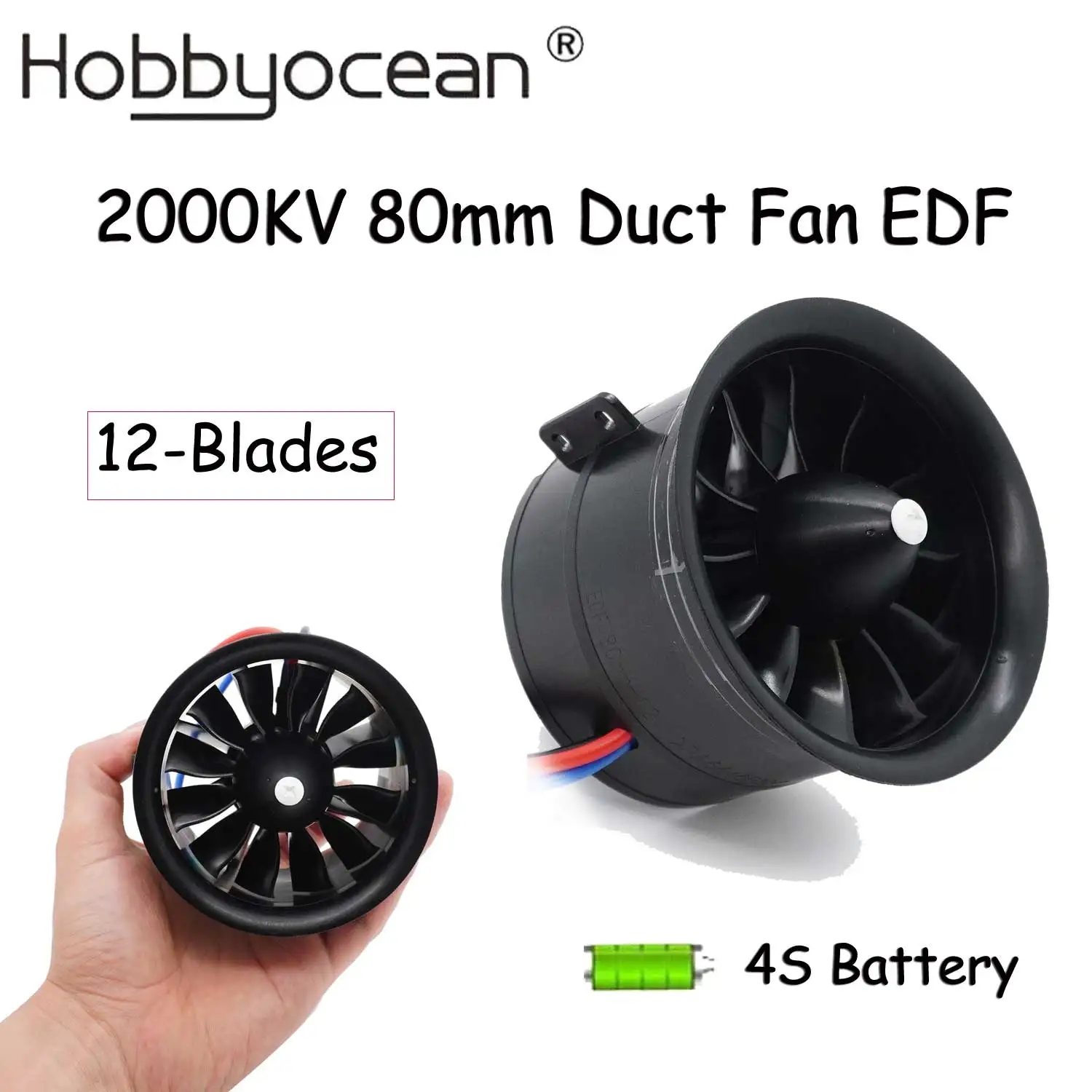 Hobbyocean 80mm Duct Fan EDF 12-Blades with Brushless Motor 4S 2000KV for RC JET Airplane Drone RC Model Parts