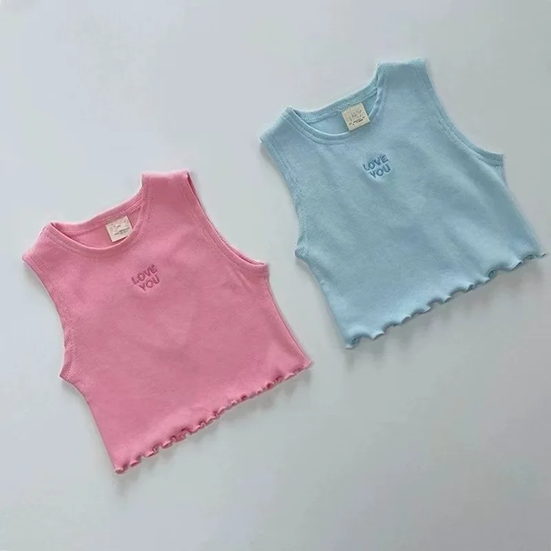 Korea Summer Kids Clothes  Baby Girls Vest Cute Hollow Heart Pink Blue Vest Toddler Fashion Cropped Top Y2k Tee Tops 80-130cm