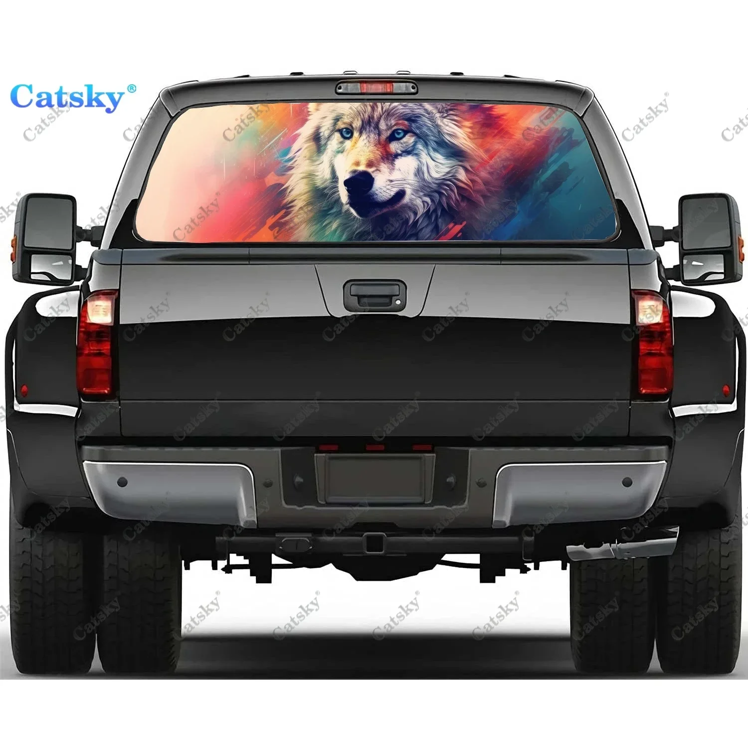 

Colorful Horned Howling Wolf Rear Window Decal Fit Pickup,Truck,Car Universal See Through Perforated Back Windows Vinyl Sticker