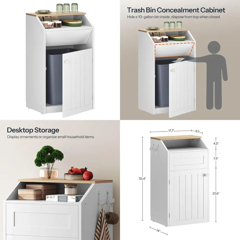 

10 Gallon Wooden Recycling Bin with Flip Door - Freestanding Trash Cabinet for Hidden Kitchen Garbage Storage