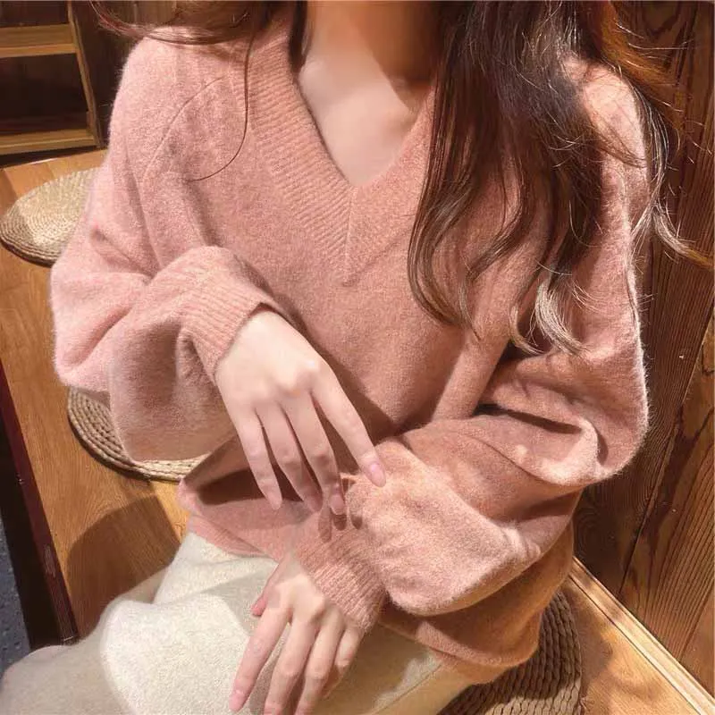 

High Quality V-neck Pullover Sweaters For Women Comfortable And Soft Thicken Warm Knitted Jumpers Solid Versatile Loose Pullover