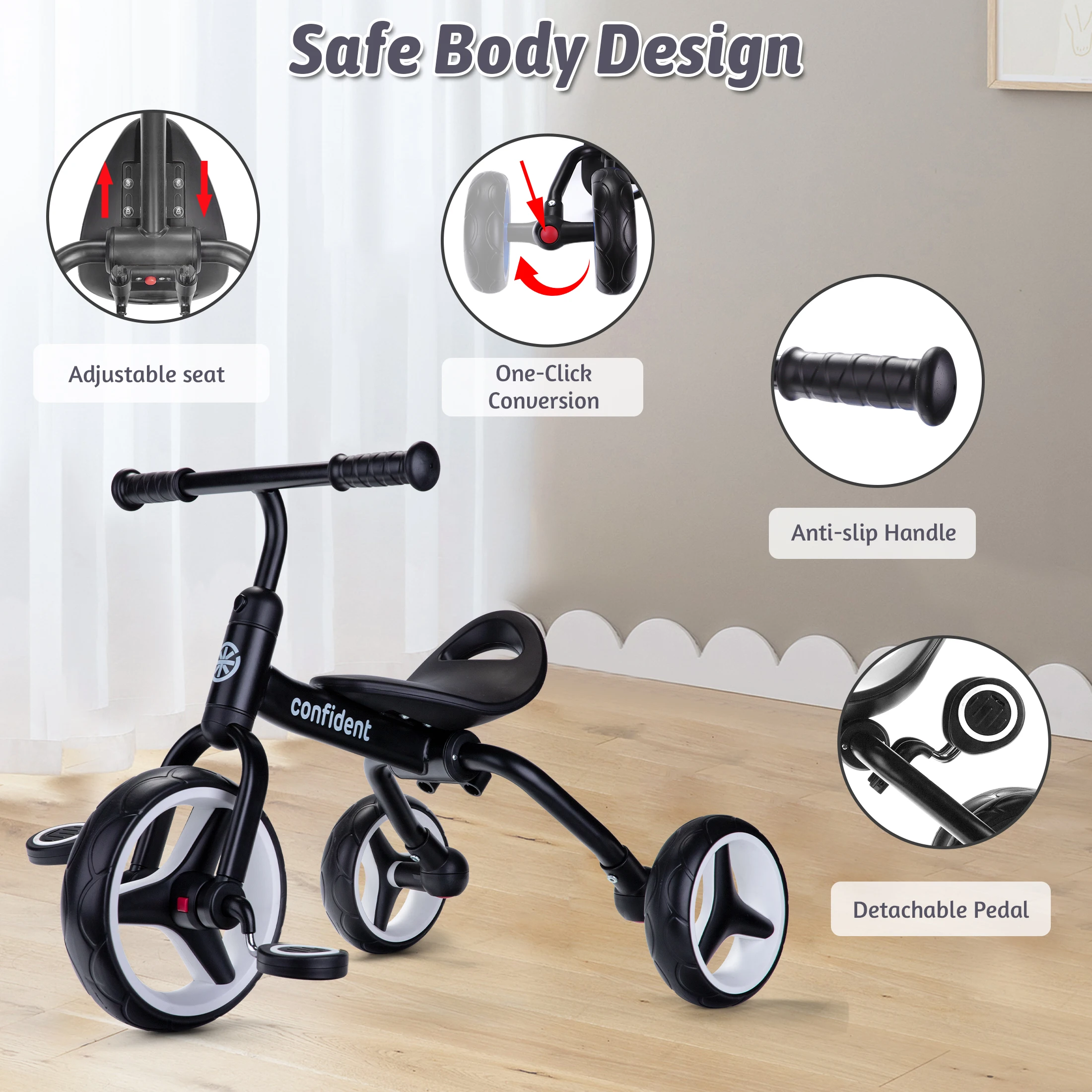 4 In 1 Kids Tricycle For 2-5 Years Old Boy & Girl Gift, Folding Toddler Balance Bike With Removable Pedals Balance Training Bike