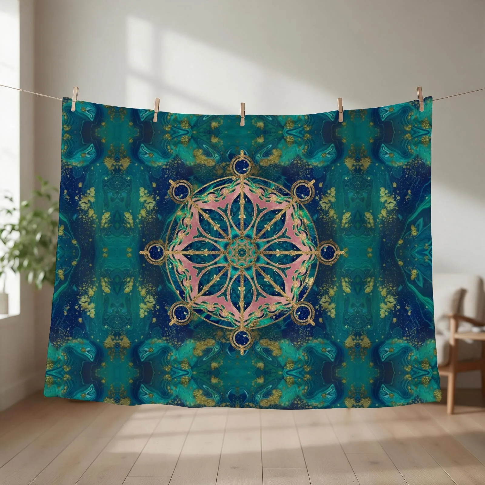 New Dharma Wheel - Dharmachakra Gemstone & Gold Throw Blanket couch cozy soft plush fuzzy picnic outdoor blanket