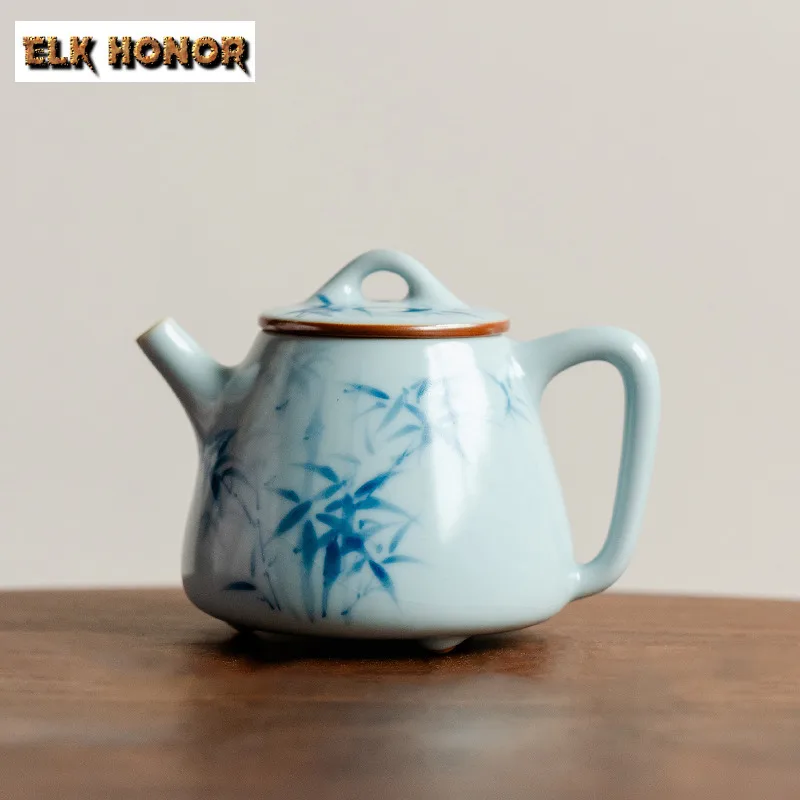 135ml Ru Kiln Hand-painted Blue Bamboo Teapot Creative Tea Infuser Pot Tea Brewing Kettle With Ball Hole Cha Supplies Collection