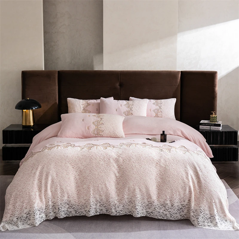 Romantic Lace Ruffles Bow Embroidery Princess Bedding Set Velvet Warm Winter Duvet Cover Flat/Fitted Bed Sheet Pillowcases 4Pcs