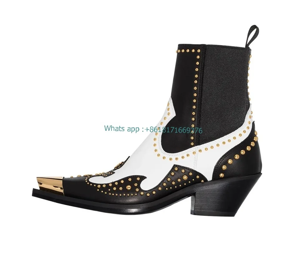 

Western Cowboy Leather Metal Toe Studed Low Heel Ankle Boots Mid-calf Gladiator Rivet Mid-high Heel Shoes ROME zapatillas mujer