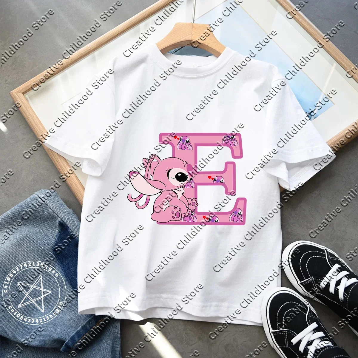 Stitch Angel Letter A B C Children T-Shirt Combination Tee Shirts Cartoons Kawaii Kid Casual Clothes Girl Boys Harajuku Top Gift