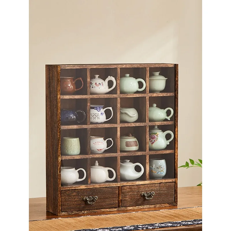 Solid Wood Dustproof Tea Cup Display Cabinet with Acrylic Cover Tabletop Tea Set Storage Rack with Drawer Storage Stand
