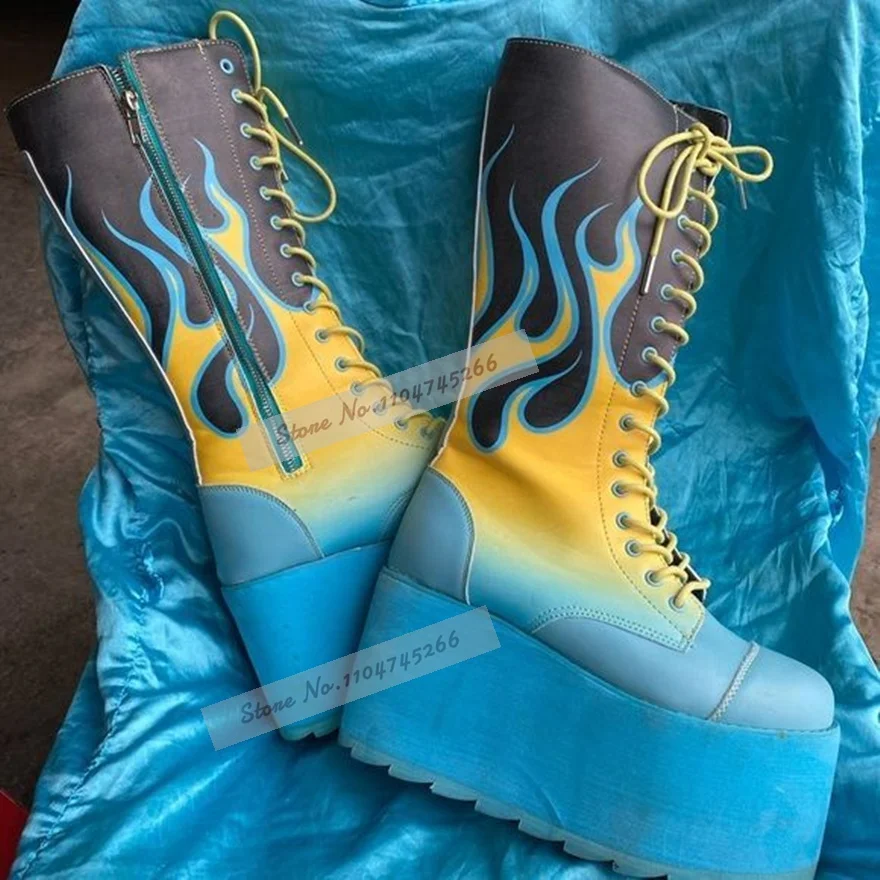 Yellow Blue Flame Print Platform Mid-calf Boots Lace Up Side Zipper Gradient Color Wedged Heel Y2K Gothic Festival Punk Boots