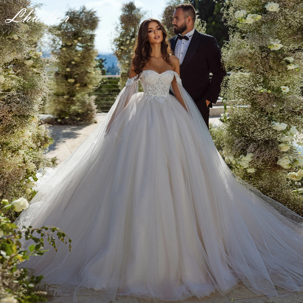 

Lhuilier Customized Women's Ball Gown Boat Neck Shiny Tulle Wedding Dresses Off Shoulder Princess Bridal Gown with Chapel Train