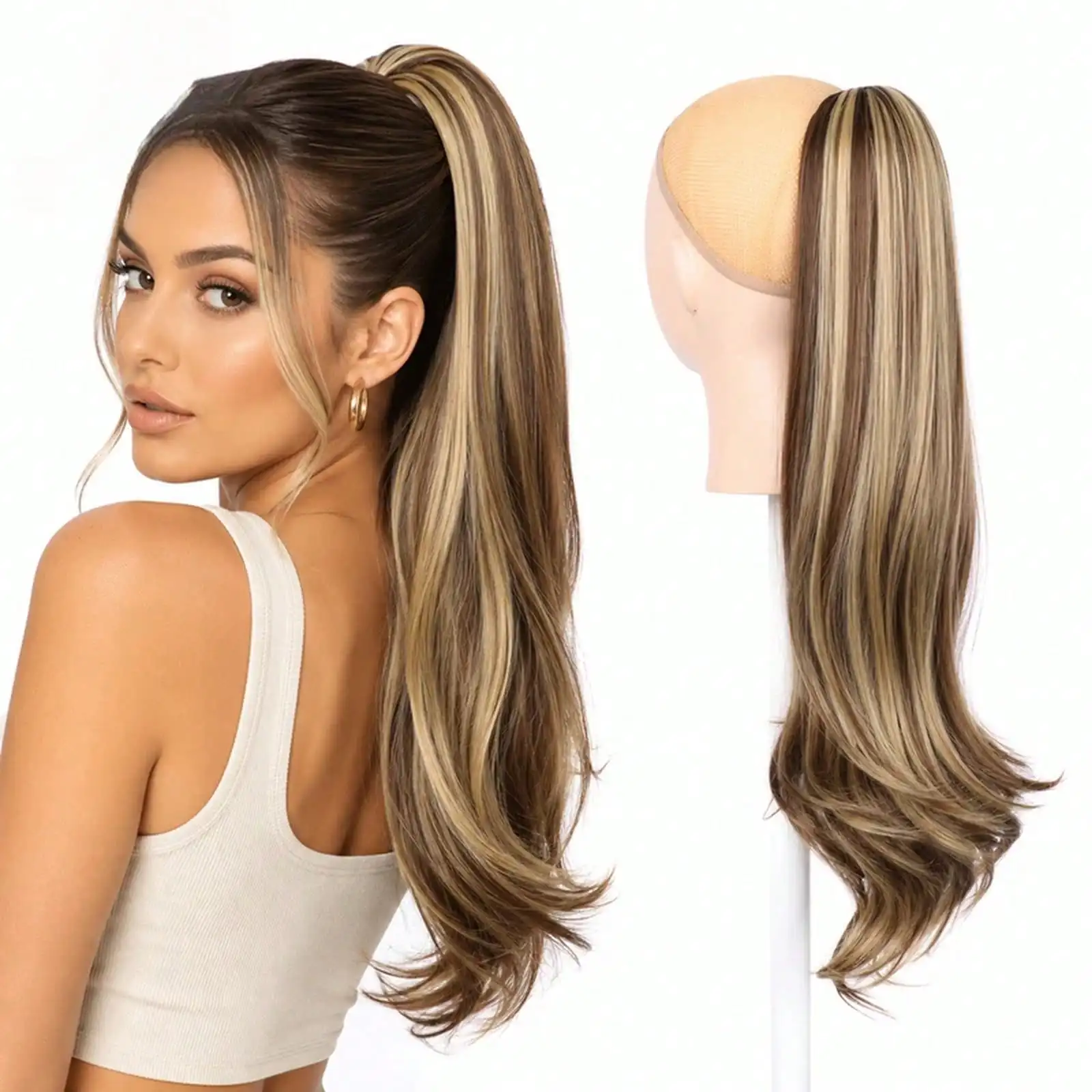 24 Inch Claw Clip Ponytail Hair Extension Long Straight Highlight Brown Blonde Synthetic Hairpiece Natural Looking Thick Women
