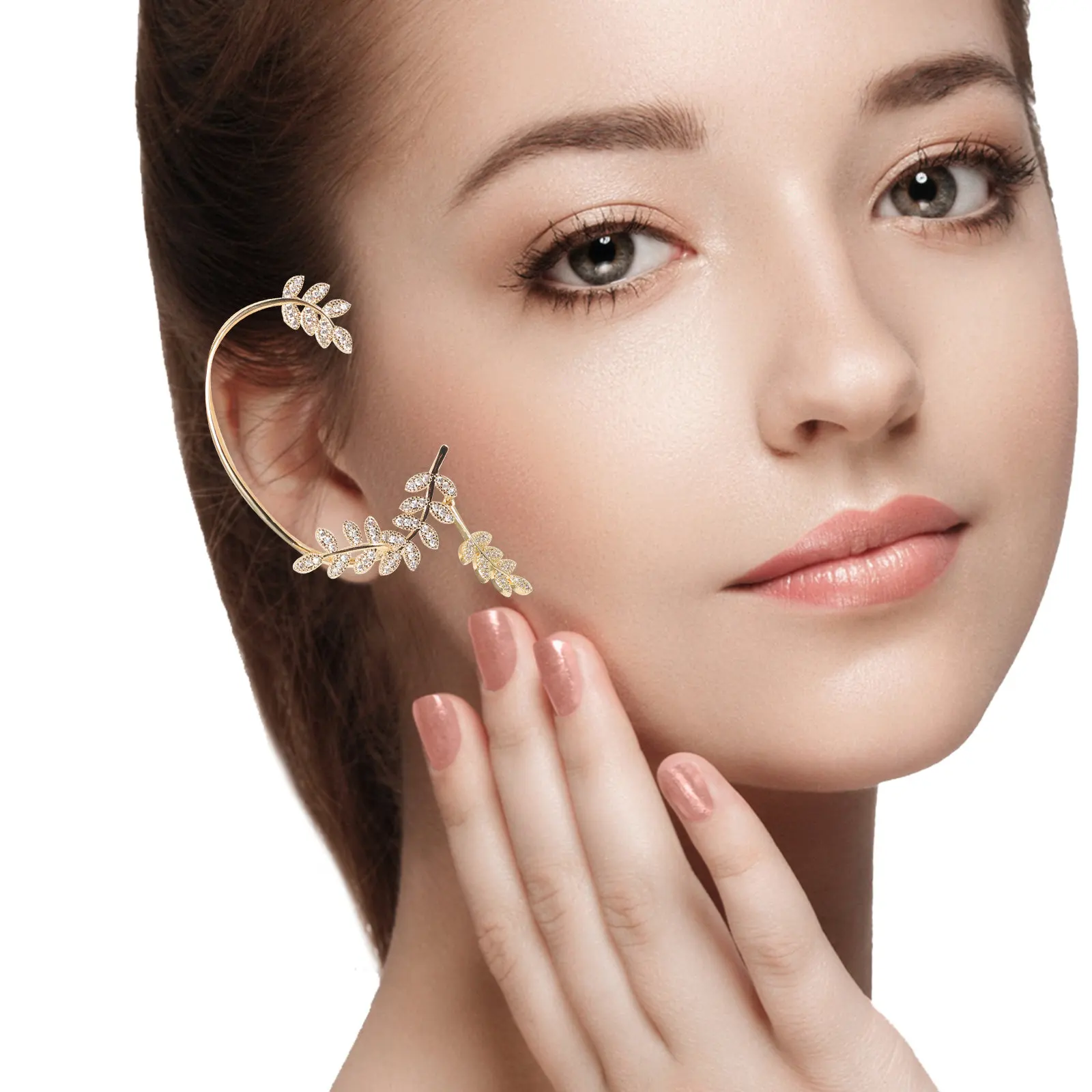 Ear Wrap Cuff For Wedding Jewelry Party Accessories Golden Leaf Rhinestone Right Jacket Climber Crawler