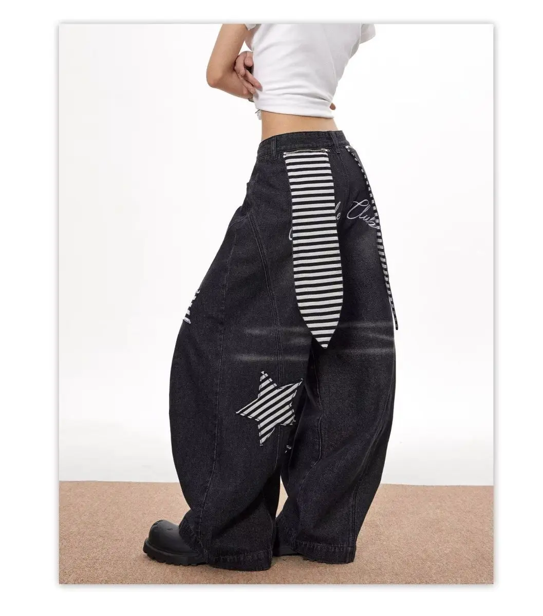 

Женские джинсы в стиле ретро в стиле хип-хоп с кроличьими ушками, осенние мешковатые джинсовые брюки унисекс с высокой талией, женские свободные брюки с высокой талией Y2k