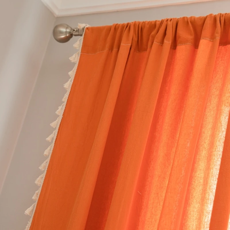 Semi-blackout Orange Curtains Finished Cotton Fringe Semi-blackout Living Room Bedroom Homestays Bay Window Valance