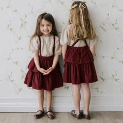 Girls Vintage Corduroy Ruffled Sweet Party Princess Dresses Autumn New Kids Sleeveless Cross Adjustable Back Strap Dress TZ335