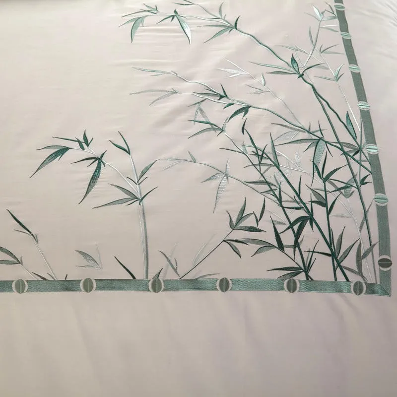 Chinoiserie Bamboo Flowers Botanical Luxury Chic Embroidery Duvet Cover set 600TC Egyptian Cotton Soft Bedding Sheet Pillowcases