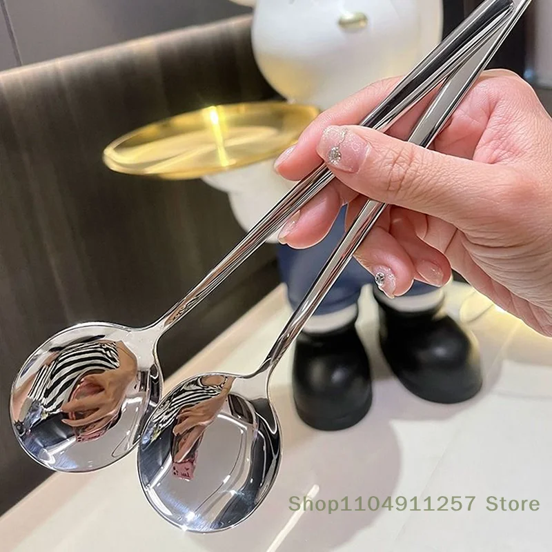 

Golden Stainless Steel Big Head Round Spoon, Long Handle Net Red for Kitchen and Dessert Stirring