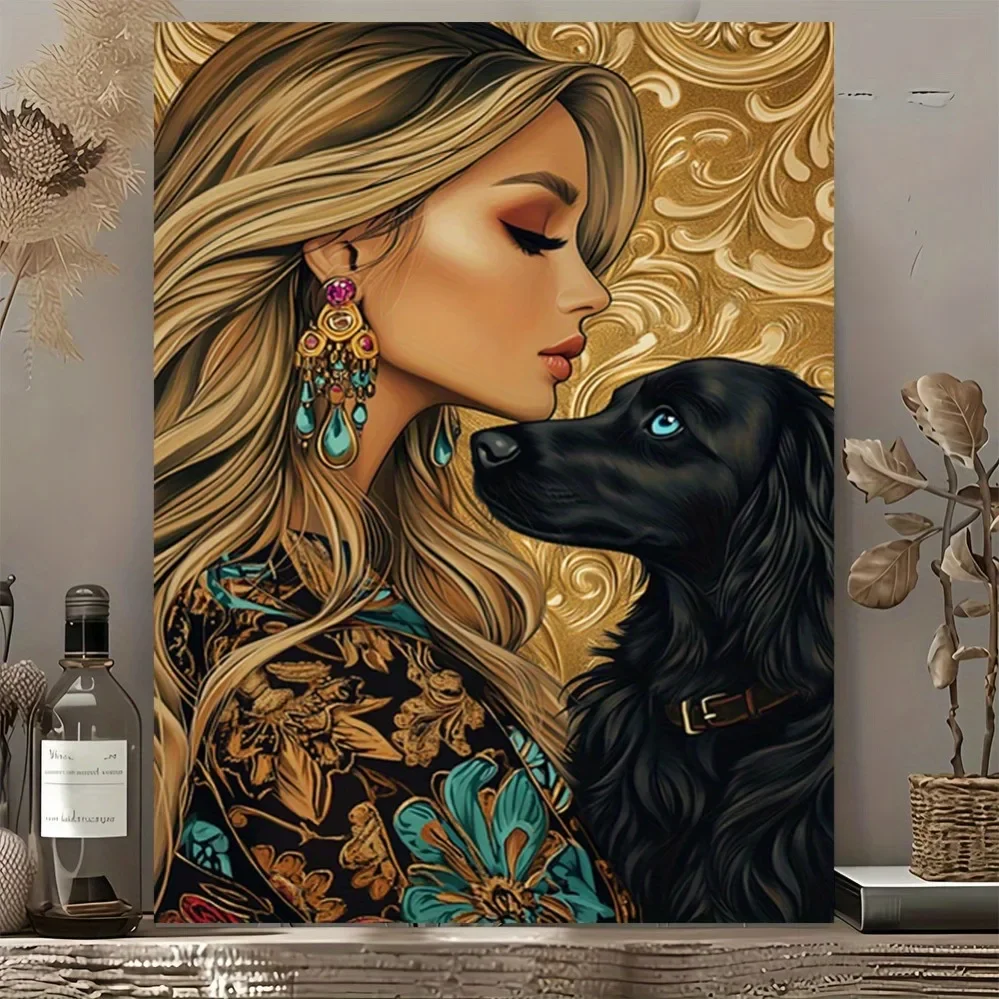 CIFBUY Vintage metal wall art, 2D golden woman & black dog poster, elegant teal framed print living room, bedroom, office decor