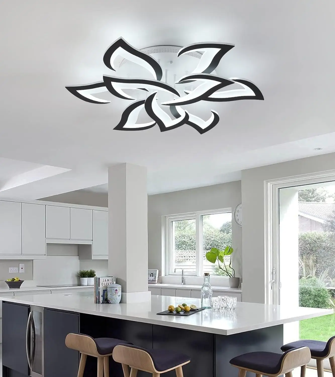 Ceiling Light Fixture Modern Black Led Flower Light Fixtures Ceiling Mount With Remote Control For Living Room, Bedroom,