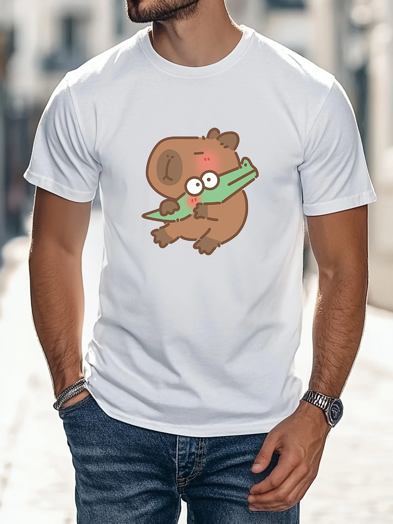 

Cute Capybara Hugging Crocodile Graphic T-Shirt Men's Casual Cotton Short Sleeve Tee Summer Trip