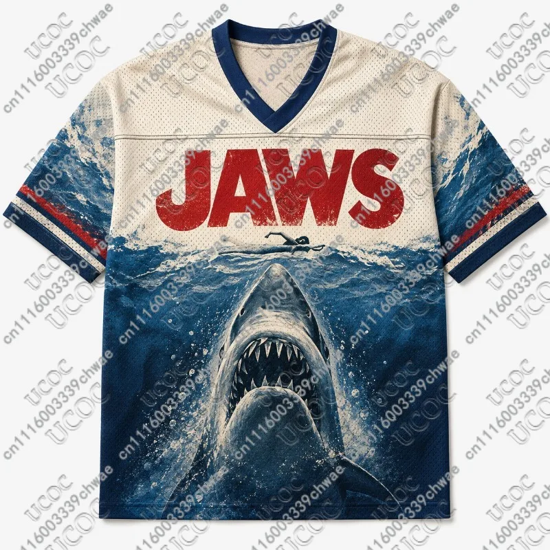 JAWS Film Hai-Print Mesh Fußballtrikot T-Shirt Y2K Oversized Kurzarm Sommer Atmungsaktive Sport-Oberteile Damen Vintage T-Shirt – Detail 4