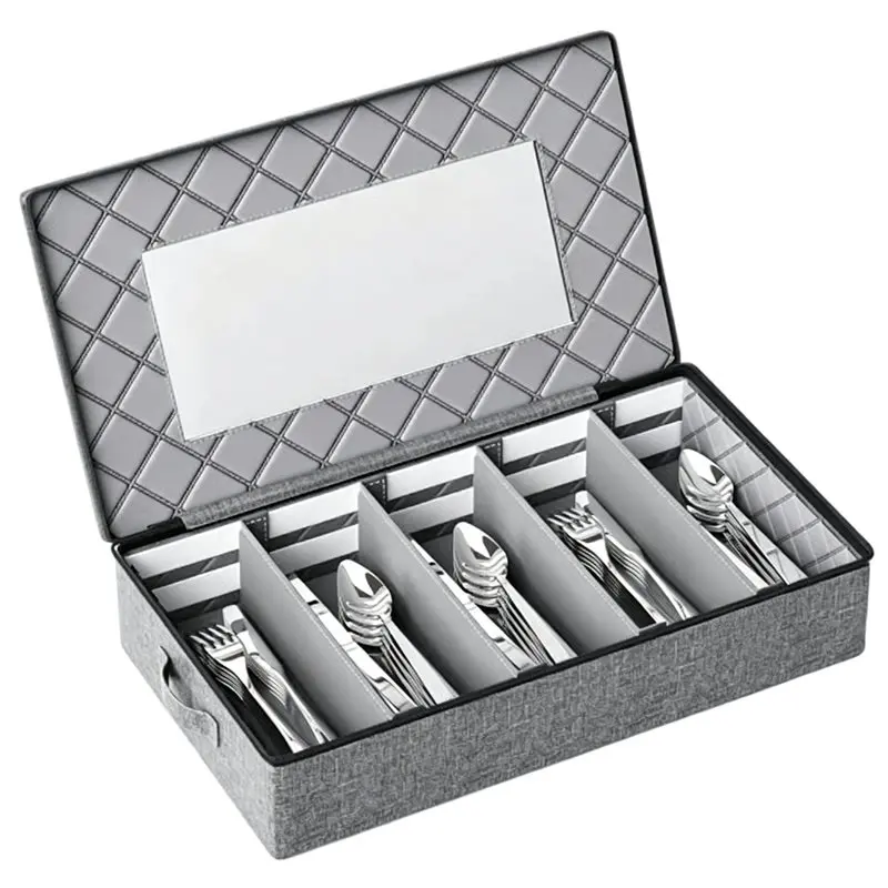 Silverware Storage Box -Adjustable Divider Hard Shell Flatware Organizer with Clear Window and Zipper