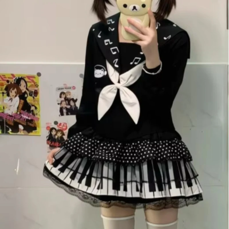 Japanese Spice Girls Sexy Black And White Piano Keys Polka Dot Lace Stitching Women's Waist Skirt Retro Aesthetic Gothic Skirt