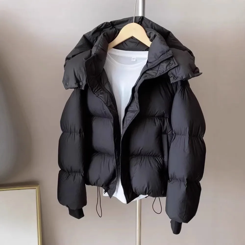 Women's Oversized Hooded Down Jacket with Long Sleeves Zipper Pockets Solid Color Short Length Parka for Female Winter Wear