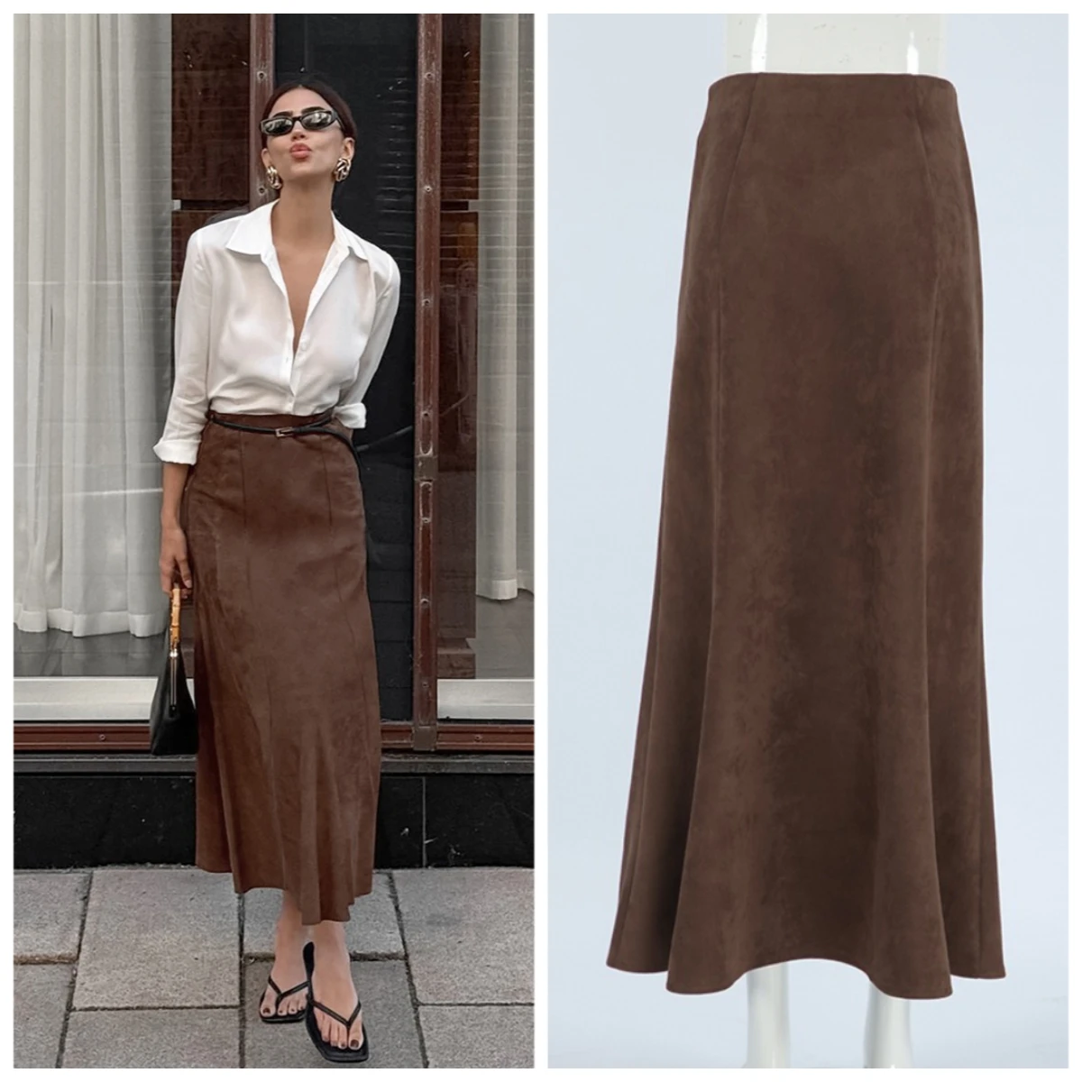 

Vintage Brown Suede Midi Skirt Women High Waist Slim Pleated A-Line Long Skirt Autumn 2026 Retro Casual Office Lady Solid Skirts
