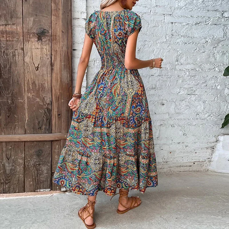 Women Vintage Print Long Dress 2023 Summer Sexy V Neck Short Sleeve A-line Dress Female Elegant Elastic Waist Maxi Dresess Robe