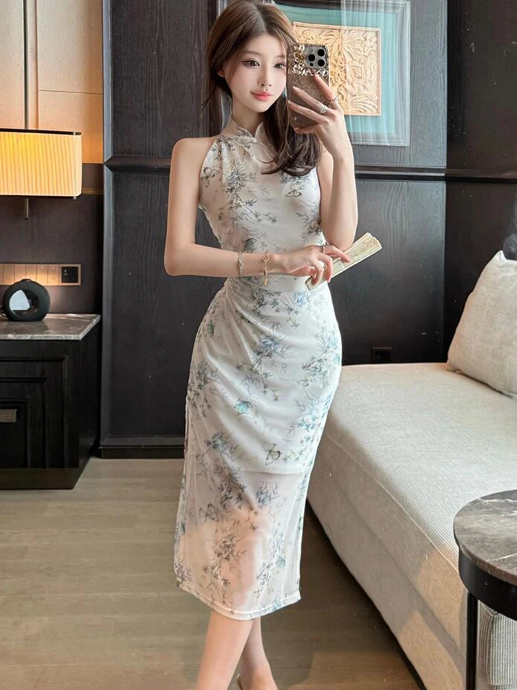 2025 nieuwe bloemen mesh off shoulder stand kraag sexy jurk vrouwen elegante luxe lange jurk zomer koreaanse bodycon festival jurken