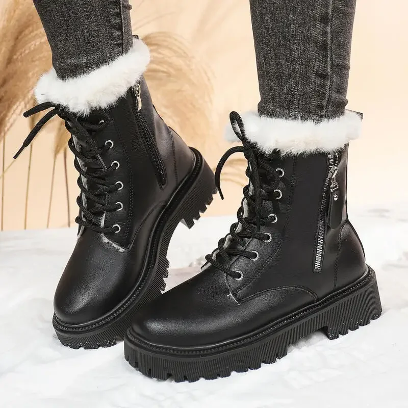 

Winter Plush Ankle Boots for Women Non Slip Thick Bottom Furry Snow Boot Pu Leather Short Booties Classic Cotton Shoes for Women