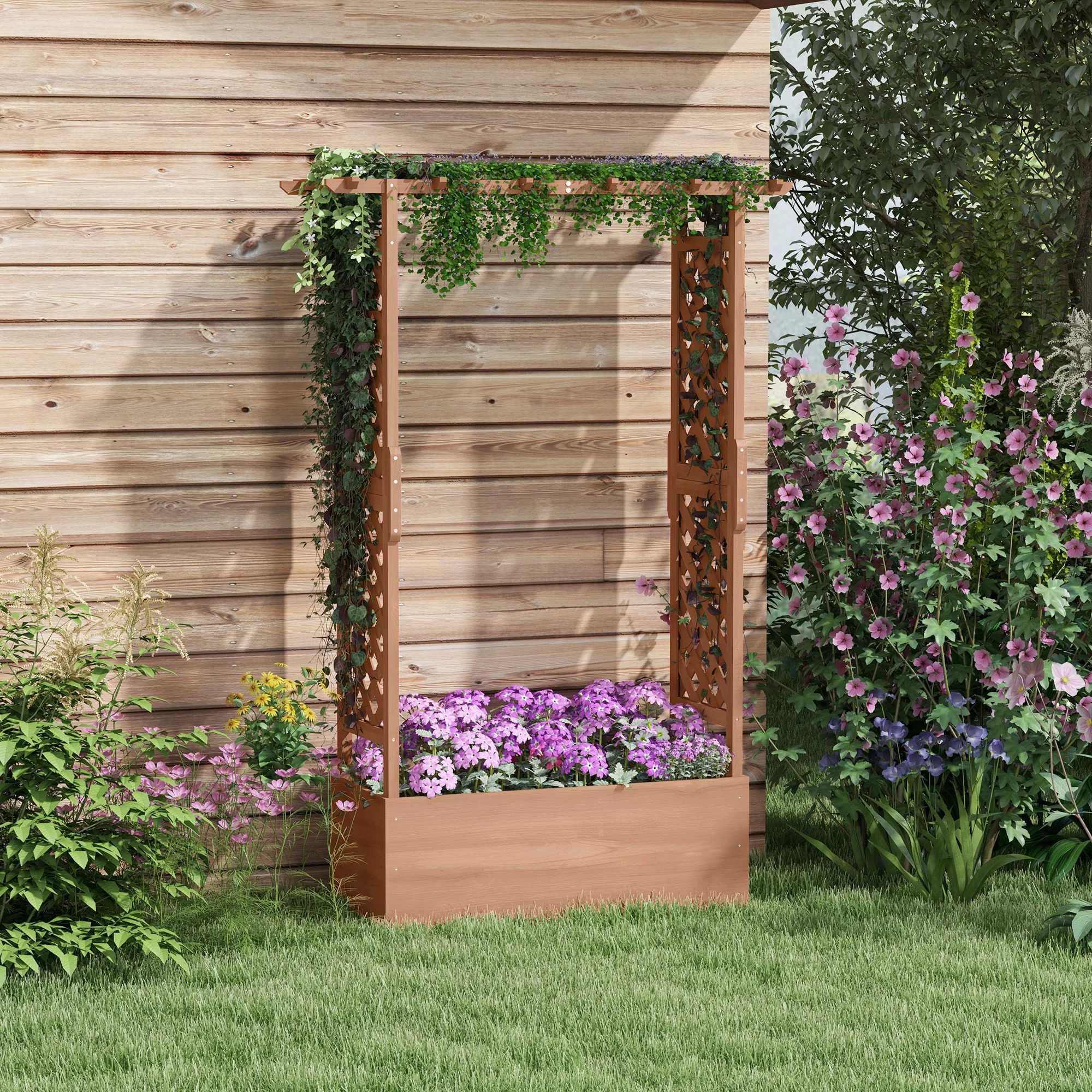 Outsunny Raised Garden Bed with Arch Trellis for Vine Climbing Plants, Hanging Flowers, 70.75