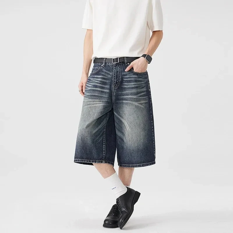 

Стильные мужские джинсовые шорты свободного кроя в американском стиле, минималистичные, винтажные, с эффектом потертости, широкие, высококачественные, уличная мода, длина до колена