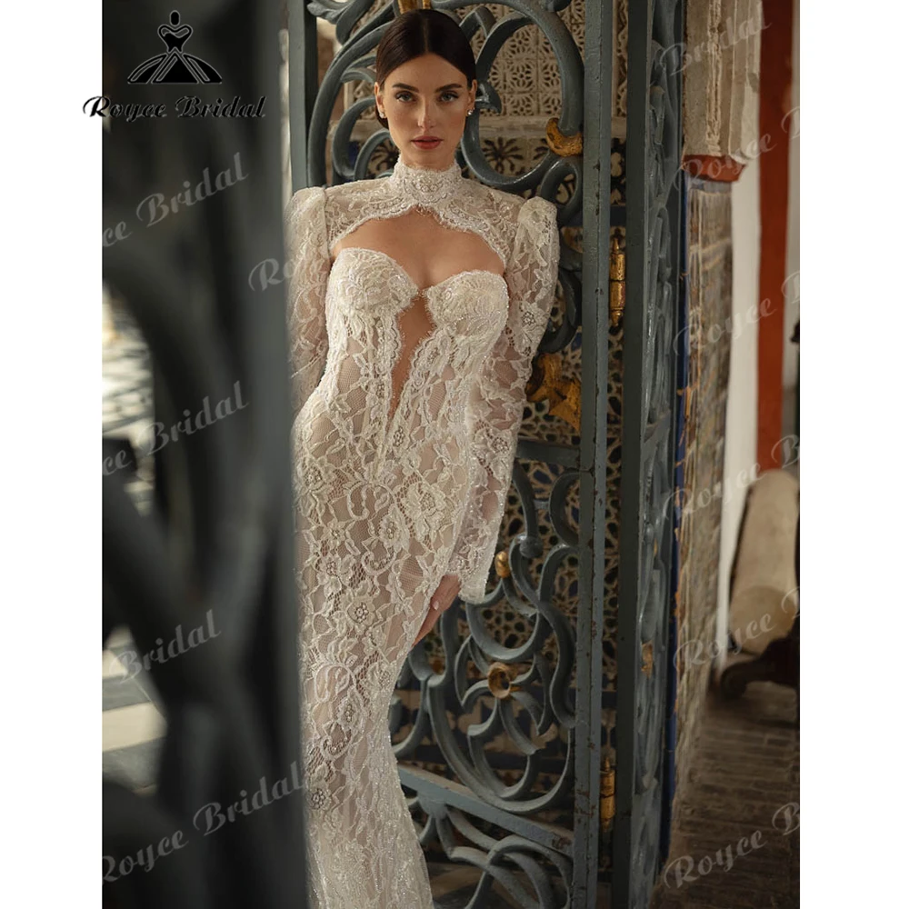 Strapless Allover Lace Mermaid Wedding Dress with Detachable High Neck Lace Bolero Floral Lace Bridal Gown  Customized