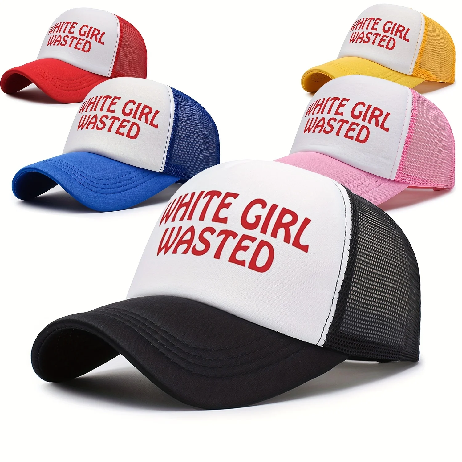 White Wasted Bold Letter Print Baseball Cap Adjustable Lightweight Polyester Trucker Hat with 6 Color Options (Red/Yellow/Blue