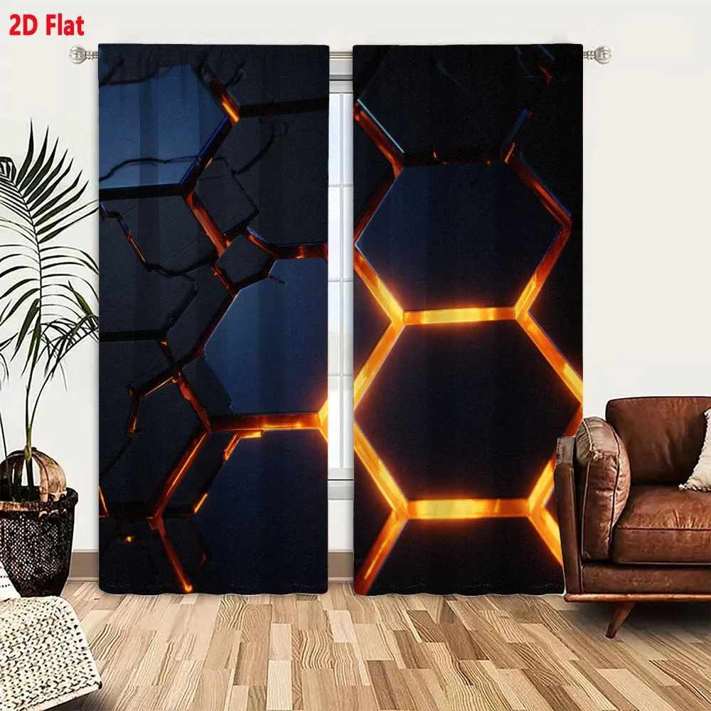 2Pcs Curtains 2D Flat Dark Glossy Blue-Black Hexagonal Tile Grid With Glowing Warm Orange Light Gaps And Cracks Textured Reflect