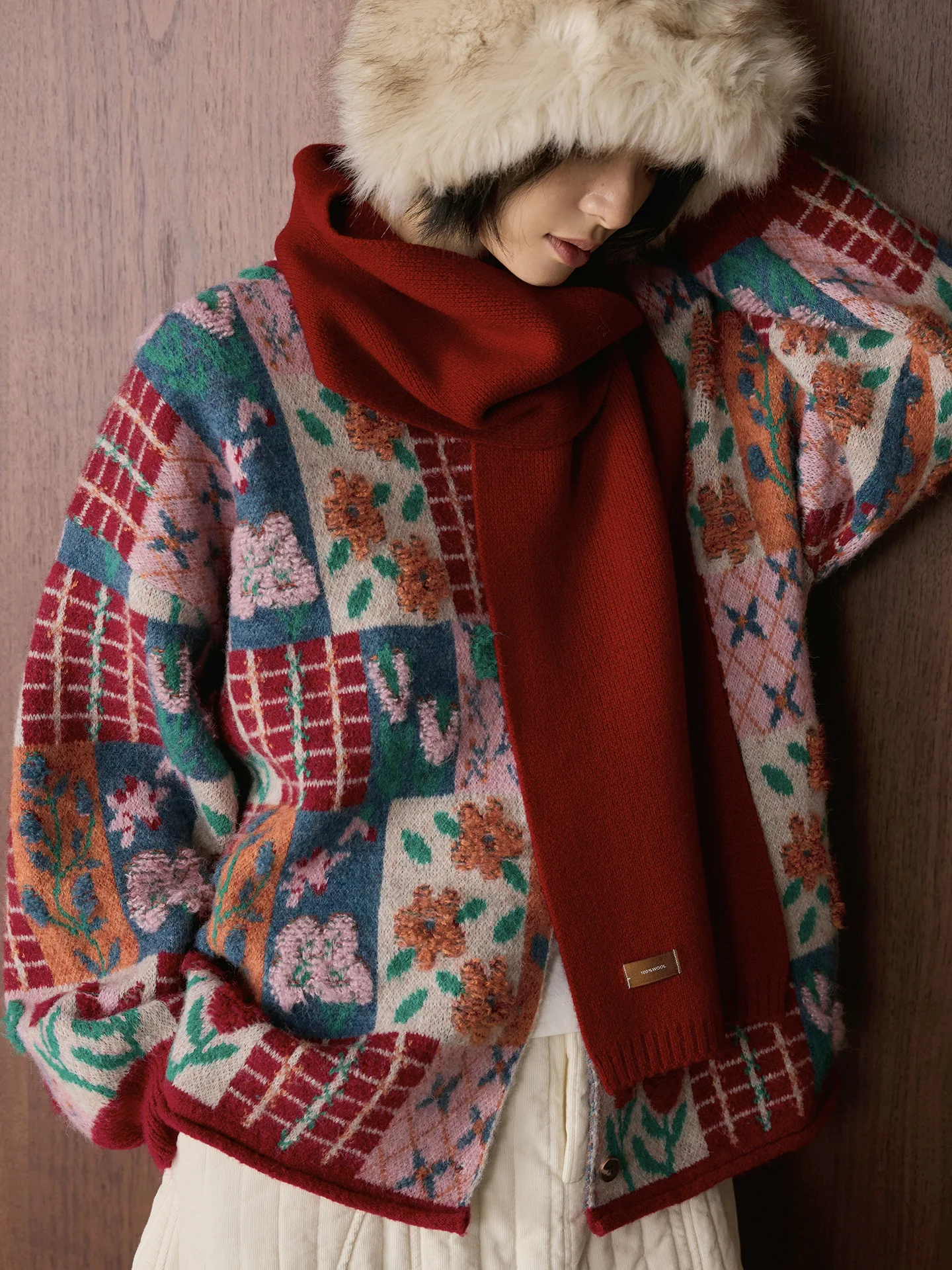 

Winter new Korean retro patchwork floral knitted wool sweater with loose silhouette casual top for women