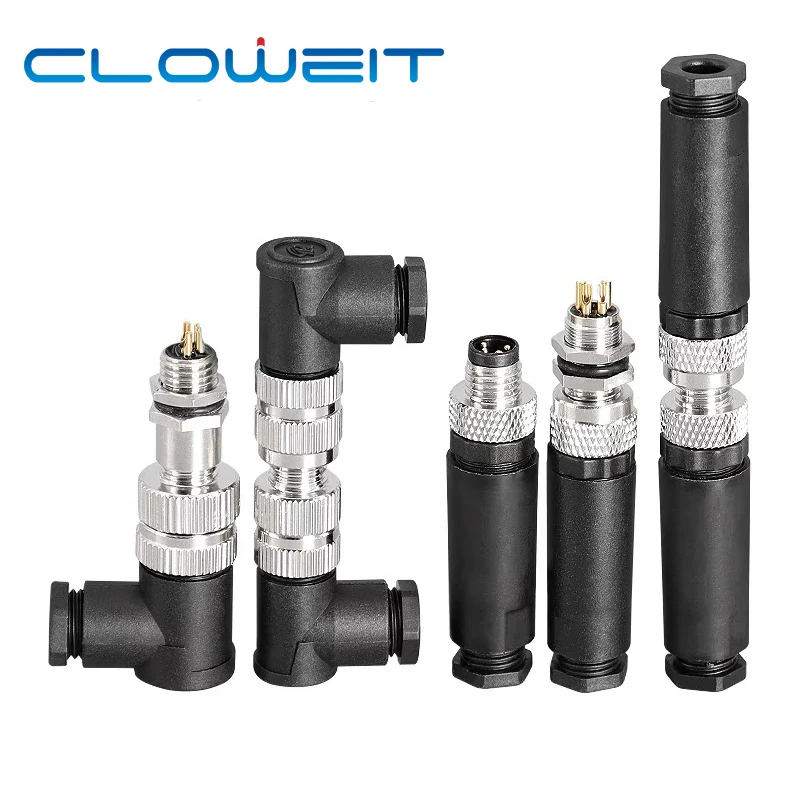 Cloweit M8 Sensor Connector Waterproof Male&Female Plug Straight Angle Screw Threaded Coupling 3pin 4p Panel Mount Flange Socket