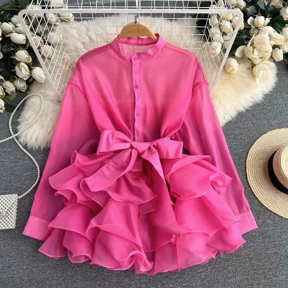 French Chic Blouse for Women Flounced Edge Bow Lapel Single Lace Up Long Sleeve Loose Blusa Versatile Ladies Tops Dropshipping